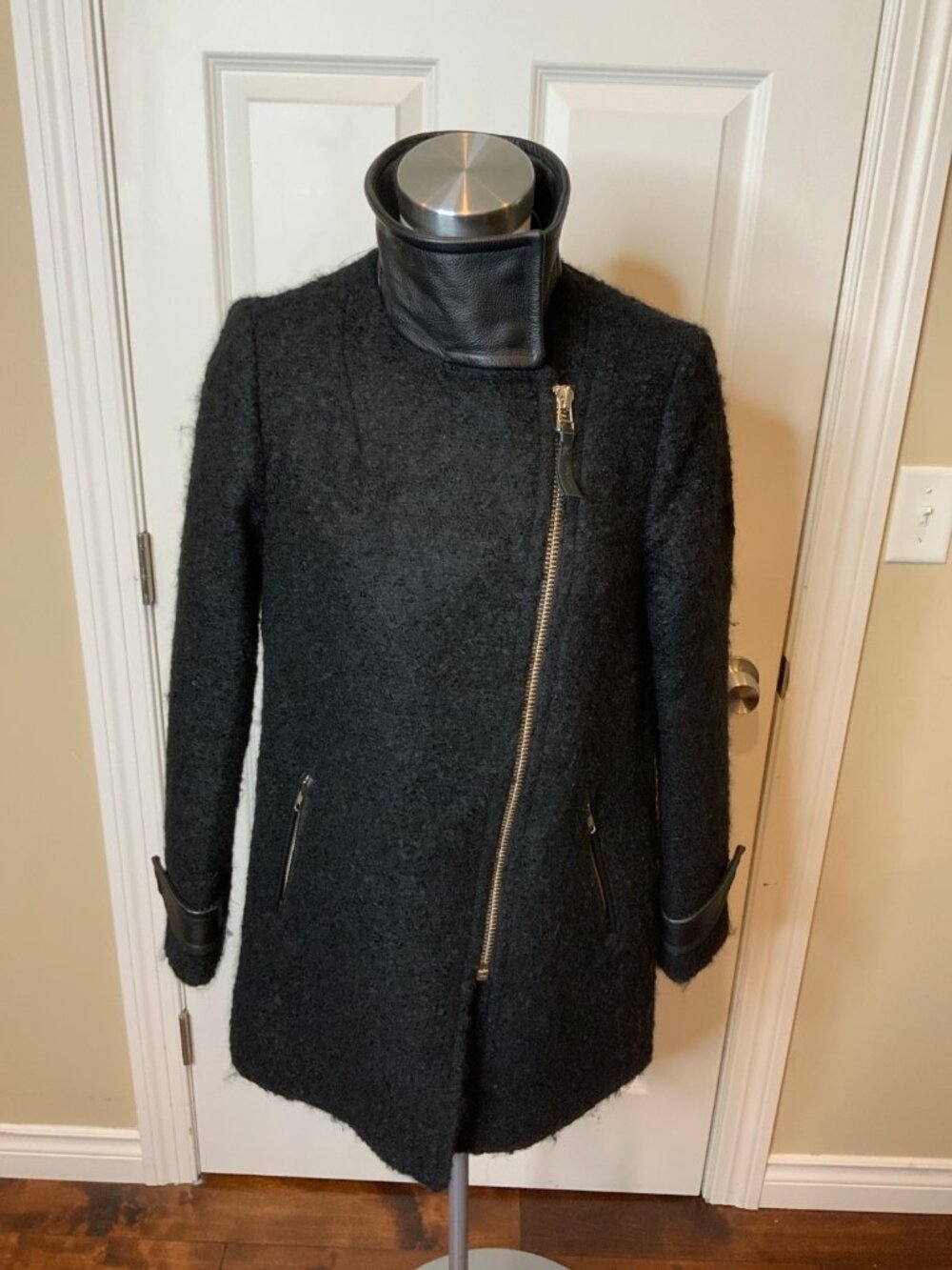Mackage Montreal Black Wool Asymmetrical Coat W/ Leather Trim